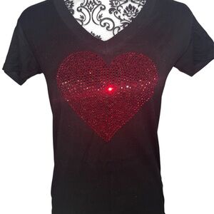 Black V-Neck Top with Red Rhinestone Heart Design